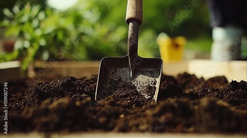 A close-up of a shovel digging into rich, dark soil in a garden setting, symbolizing growth and the gardening process. photo