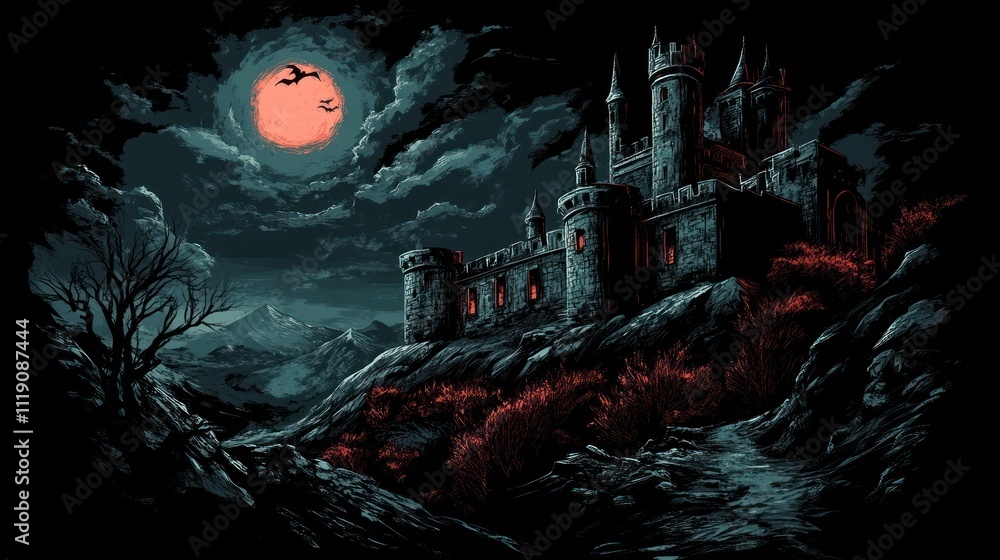 Obraz premium t shirt design A haunted castle that is guarded by a dragon