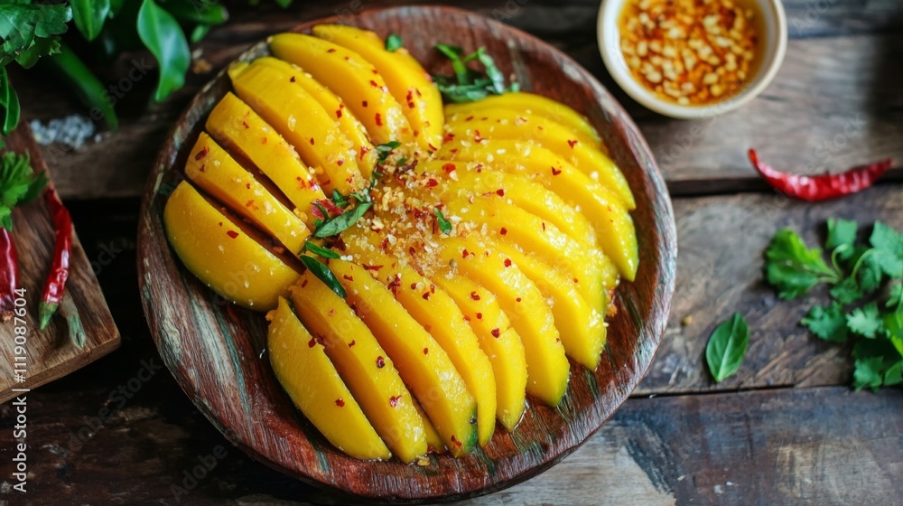 Fresh Mango Slices with Chili Flakes and Herbs on Wooden Plate Fresh Mango Slices with Chili Flakes and Herbs on Wooden Plate