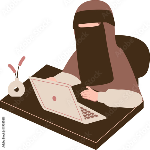 Muslimah niqabis work on laptop