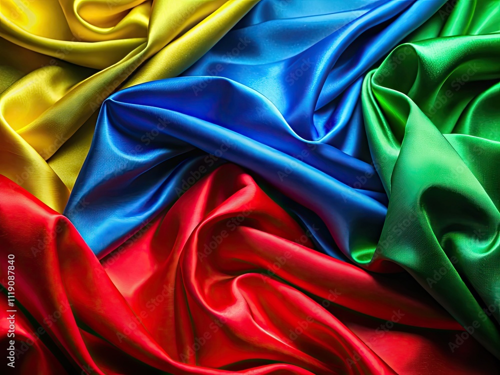 Vibrant Silk Fabrics: Red, Blue, Green, Yellow - Luxury Textile Photography Vibrant Silk Fabrics: Red, Blue, Green, Yellow - Luxury Textile Photography
