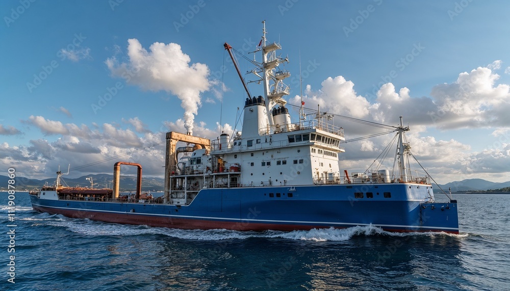 Naklejka premium Large cargo ship navigating through ocean with powerful engine against blue sky background