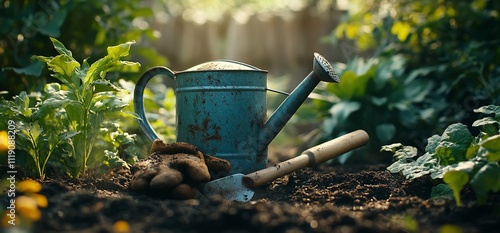Rustic watering can, gardening gloves, and trowel in a lush garden.