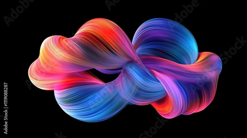 Abstract colorful swirling 3D render on black background.