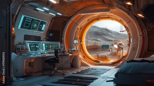 Fototapeta Naklejka Na Ścianę i Meble -  Futuristic Mars habitat interior with astronaut view.