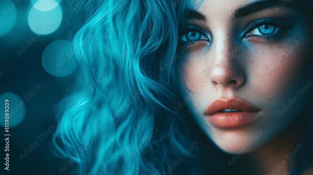 Serene Blue-Haired Woman, Mysterious Gaze, Bokeh Background Serene Blue-Haired Woman, Mysterious Gaze, Bokeh Background
