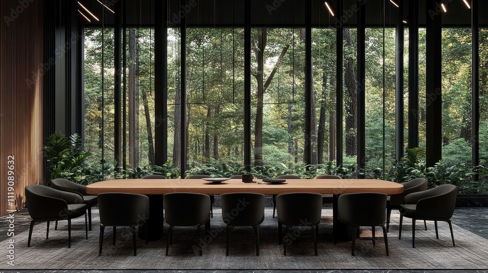 Modern Dining Room Overlooking Lush Forest View Modern Dining Room Overlooking Lush Forest View