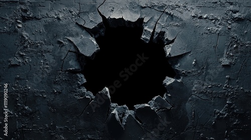 Dark Mysterious Hole in Matte Black Wall with Cracked Edges and Smashing Texture