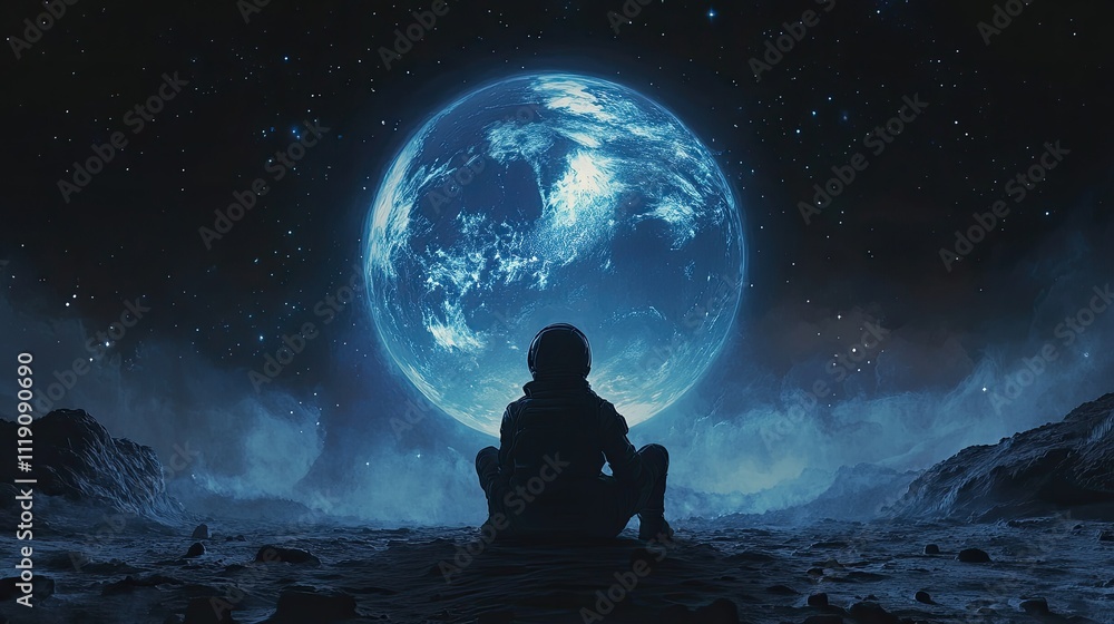 Astronaut Contemplates Earthlike Planet From Distant Moon Astronaut Contemplates Earthlike Planet From Distant Moon
