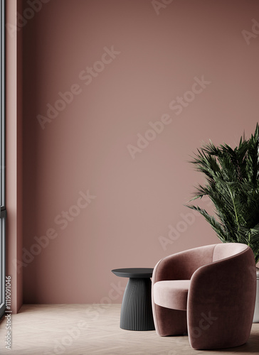 Mocha mousse tone wall accent and furniture armchair. Trend color of the 2025 year. Living lounge room. 3d render
