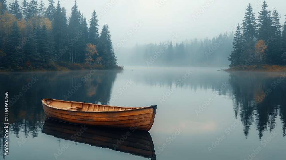 Serene foggy lake with a wooden rowboat. Serene foggy lake with a wooden rowboat.