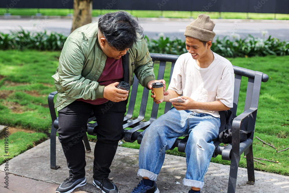 Two Young Man Best Friends Sitting on Bench While Drinking Coffee Together In The Park Two Young Man Best Friends Sitting on Bench While Drinking Coffee Together In The Park