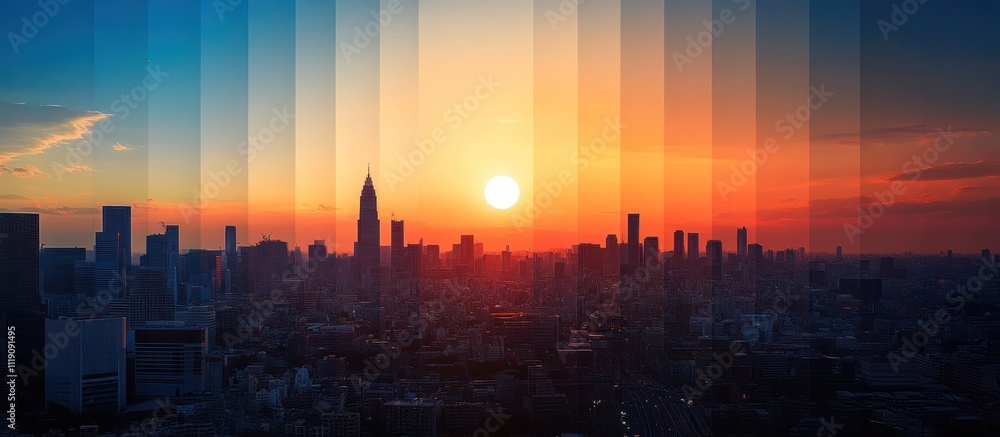 A cityscape with a sun setting behind it, as seen through a series of vertical frames. The colors of the sunset change from blue to orange. A cityscape with a sun setting behind it, as seen through a series of vertical frames. The colors of the sunset change from blue to orange.