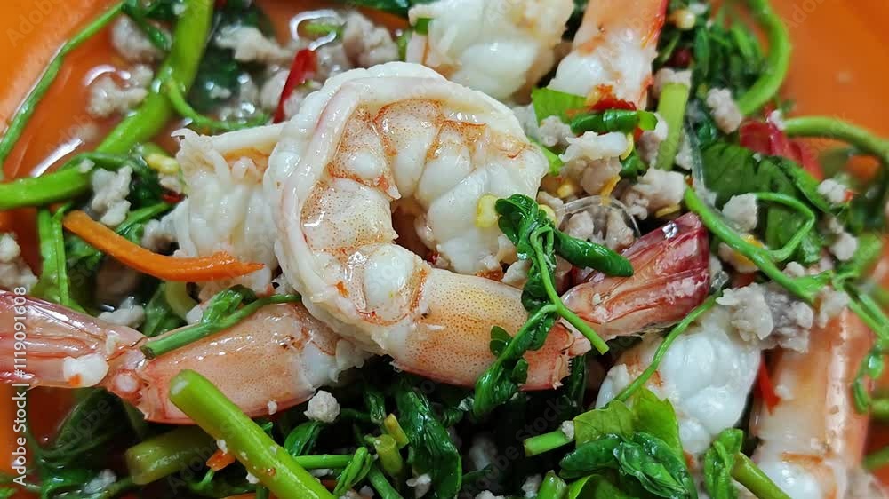 Water mimosa salad with fresh shrimp Water mimosa salad with fresh shrimp
