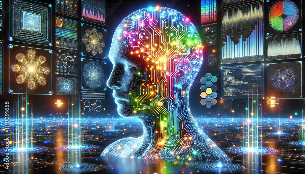 Fototapeta premium Artificial intelligence, featuring a glowing humanoid figure with a semi-transparent head filled with neon circuits.