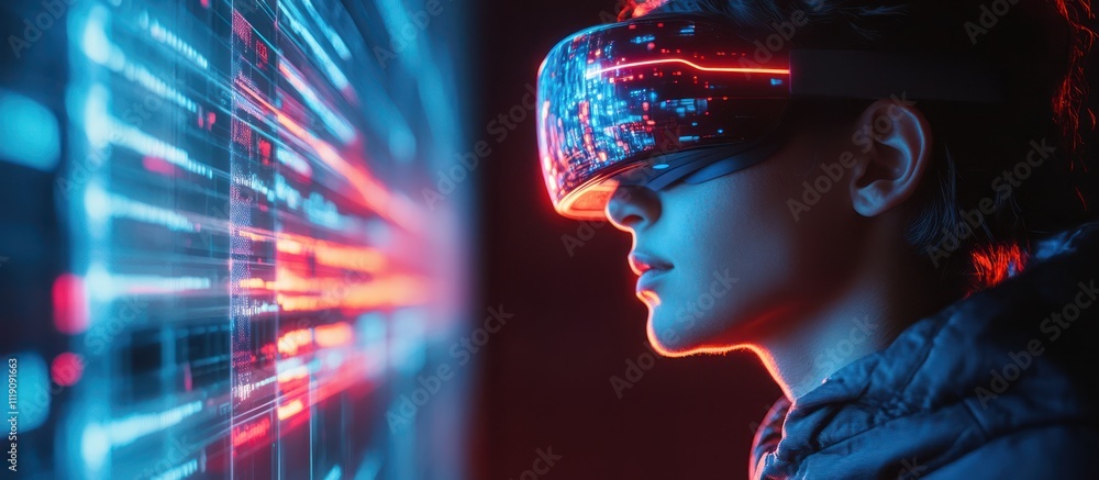 Young person wearing VR headset in front of a digital screen with glowing lines. Young person wearing VR headset in front of a digital screen with glowing lines.