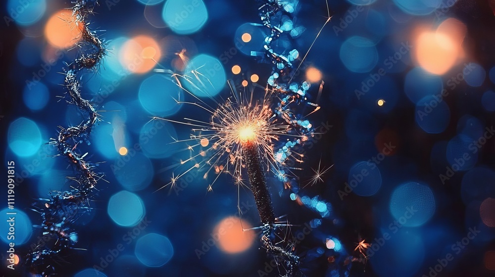 Obraz premium A vibrant sparkler ignites amidst a sea of blue and golden bokeh lights, creating a magical atmosphere for celebrations.
