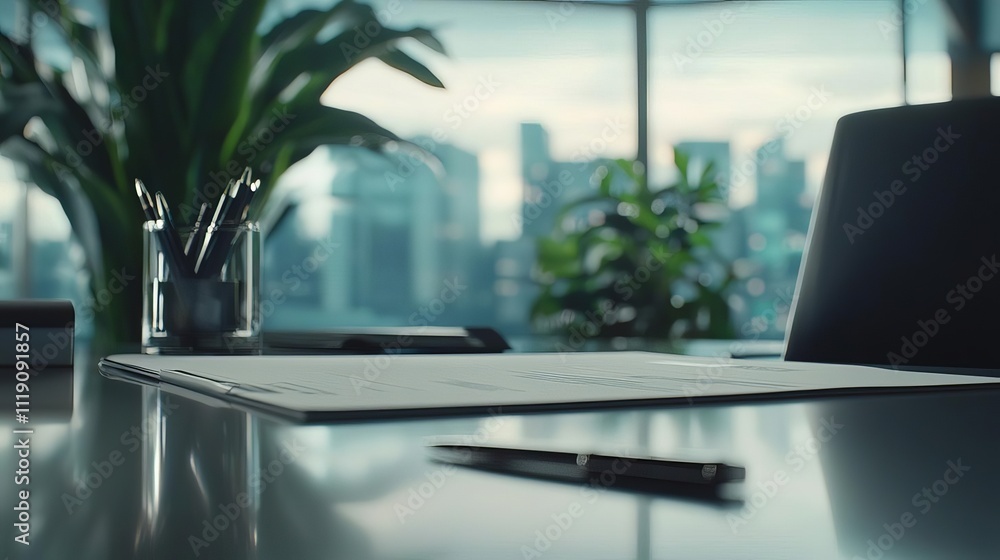 An office workspace with a sleek desk, a notepad, and a view of the city skyline, reflecting productivity and creativity. An office workspace with a sleek desk, a notepad, and a view of the city skyline, reflecting productivity and creativity.