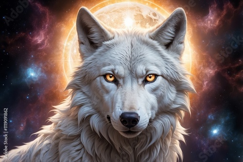 Majestic white wolf portrait against a vibrant nebula and moon backdrop. photo