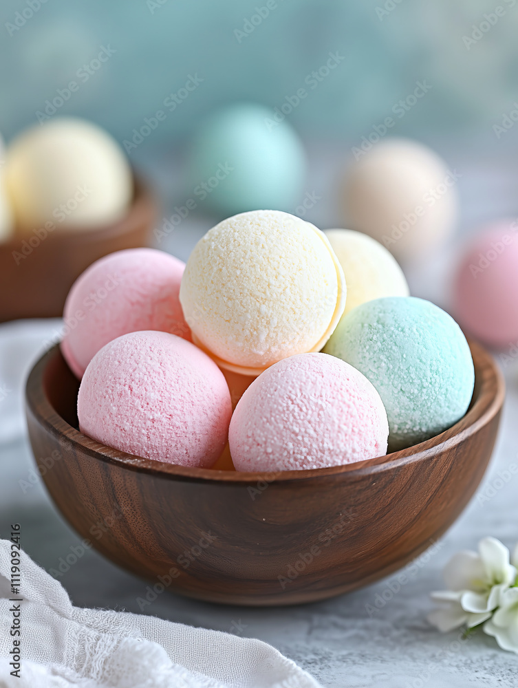Colorful Bath Bombs in Wooden Bowl on Spa Setting for Relaxation and Self-Care Colorful Bath Bombs in Wooden Bowl on Spa Setting for Relaxation and Self-Care
