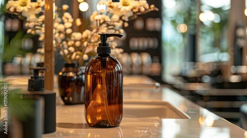 a nourishing shampoo bottle, with a moisturizing design and a beautiful hair salon background