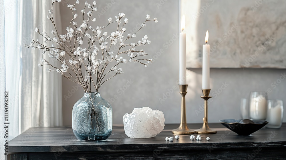 Serene home decor with candles, flowers, and crystals. Serene home decor with candles, flowers, and crystals.