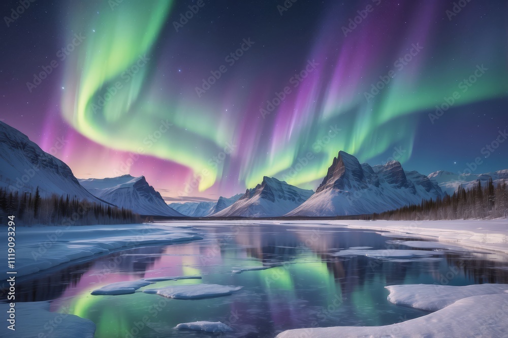 Vivid aurora borealis reflected in a frozen lake, winter mountains. Vivid aurora borealis reflected in a frozen lake, winter mountains.