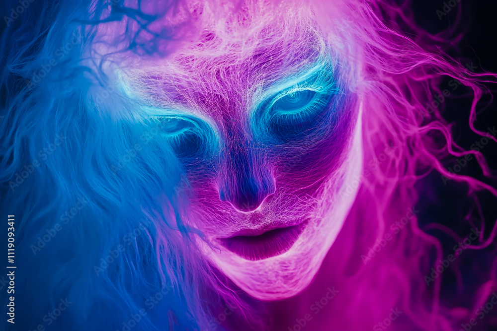 Obraz premium A close-up of the face of an ethereal, beautiful woman with long hair made of neon blue and pink light waves.