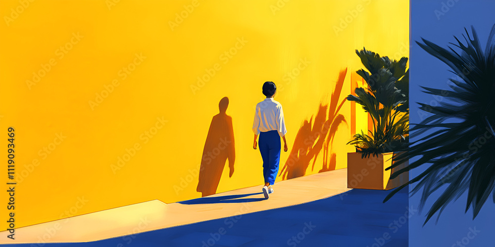 Obraz premium Woman Walking Away From Shadow on Yellow Wall 