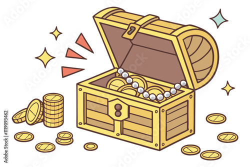 an open treasure chest filled with gold coins, pearls C