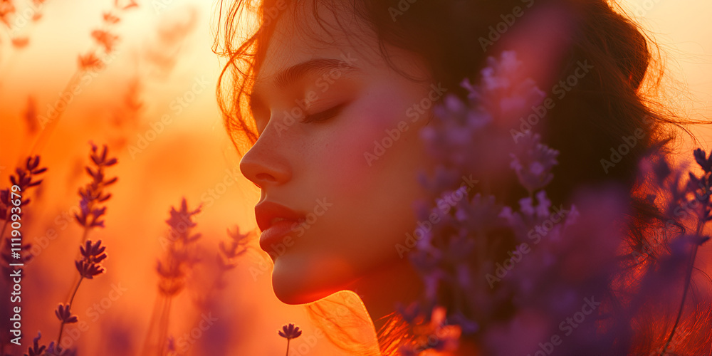 Sunset Serenity: A young woman finds peace and tranquility amidst a field of lavender, bathed in the warm glow of the setting sun. Sunset Serenity: A young woman finds peace and tranquility amidst a field of lavender, bathed in the warm glow of the setting sun.