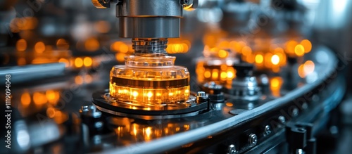 Close-up of a production line in a factory, showing a bottle being filled with liquid.