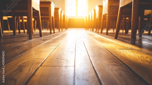 Sunlit Classroom Interior with Wooden Floor and Empty Desks