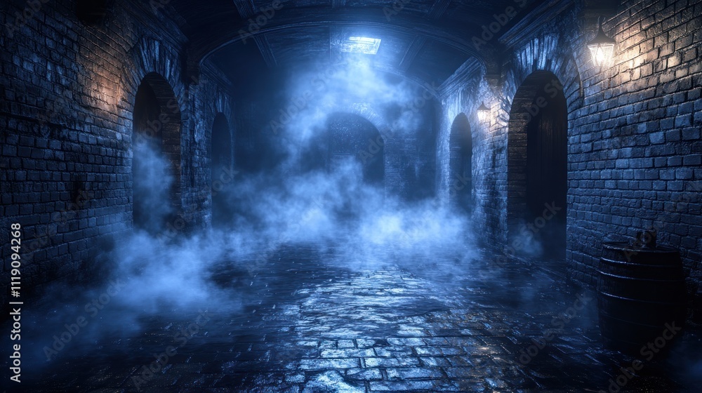 Dark, misty cellar with brick walls and arched doorways. Dark, misty cellar with brick walls and arched doorways.
