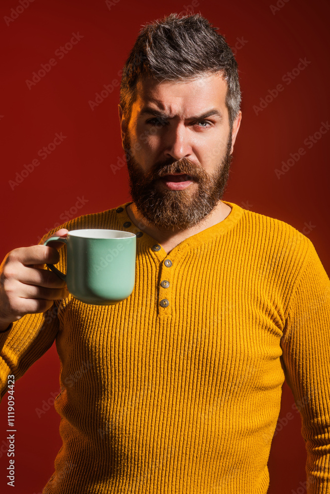 Good morning. Man awake in morning drink coffe. Portrait of man with cup or mug. Morning hygiene. Morning routine for guy. Happy wake up. Good morning. Man awake in morning drink coffe. Portrait of man with cup or mug. Morning hygiene. Morning routine for guy. Happy wake up.