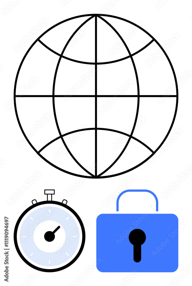 Globe stopwatch, and padlock convey global security and time management themes. Ideal for cybersecurity, efficiency, protection, privacy, data, international cooperation. Line metaphor Globe stopwatch, and padlock convey global security and time management themes. Ideal for cybersecurity, efficiency, protection, privacy, data, international cooperation. Line metaphor
