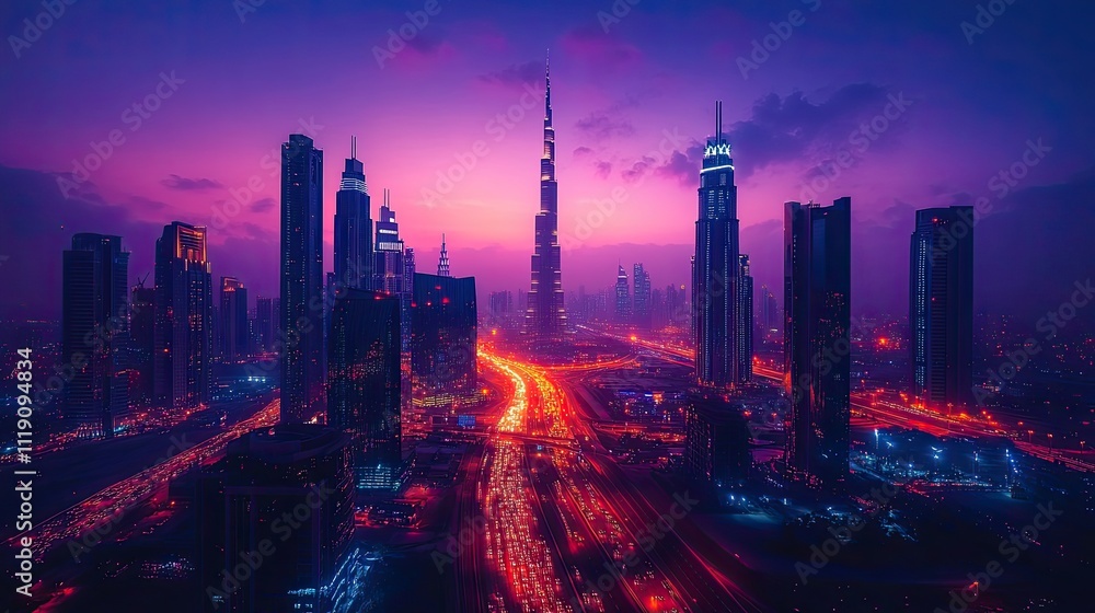 Fototapeta premium Dubai Skyline Illuminated at Twilight Cityscape