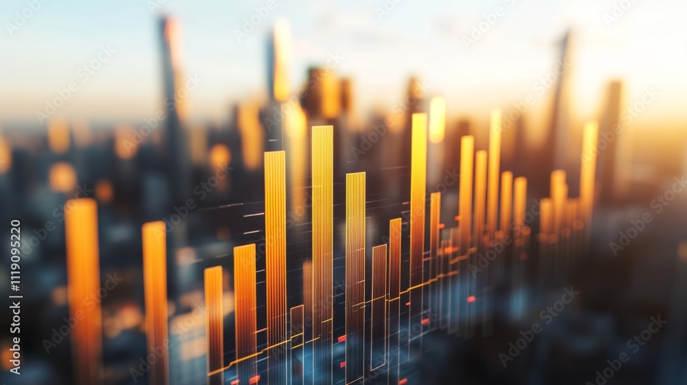 Golden Data Visualization Over City Skyline at Sunset Light Golden Data Visualization Over City Skyline at Sunset Light