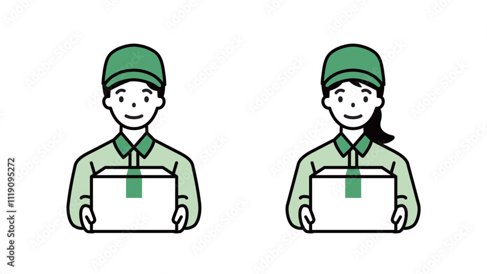 Delivery person with package, front, male/female, line width variable Delivery person with package, front, male/female, line width variable