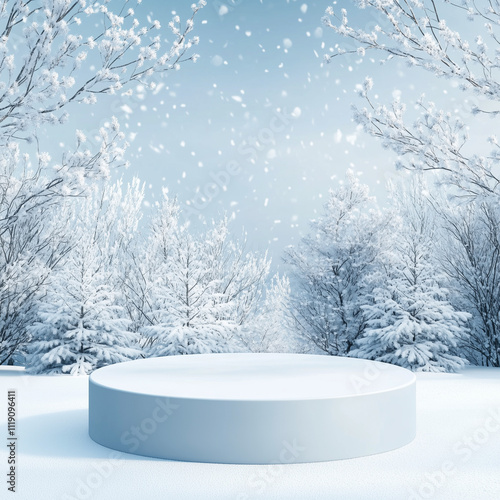 empty podium background mockup, winter season, realistic 