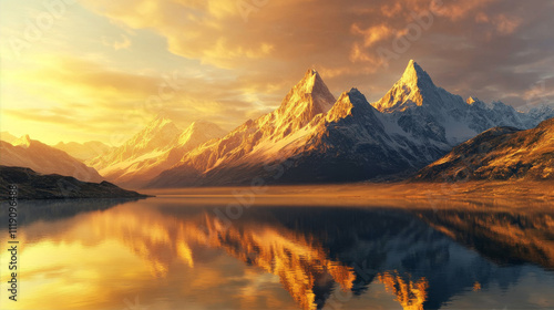 Majestic mountain range at sunrise golden light