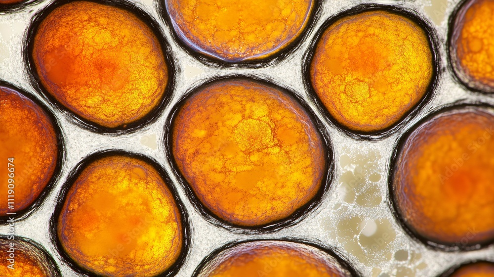Microscopic View of Vibrant Orange Biological Cells Under Magnification Microscopic View of Vibrant Orange Biological Cells Under Magnification