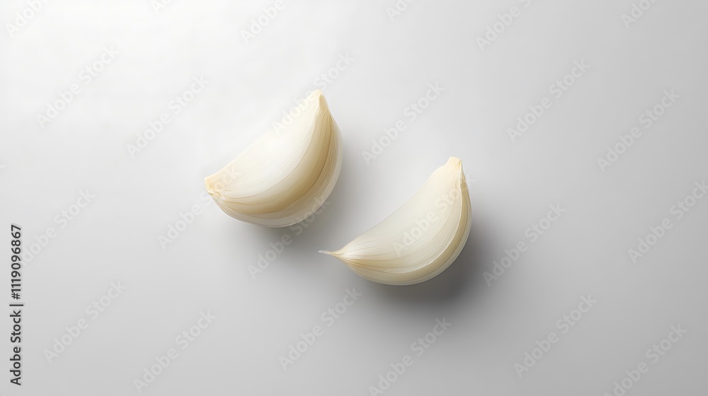 Two peeled garlic cloves on a white background. Two peeled garlic cloves on a white background.