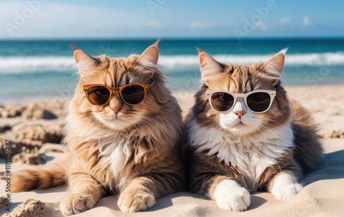 Two Cool Cats Enjoying a Sunny Beach Day: A Purrfect Summer Vacation photo