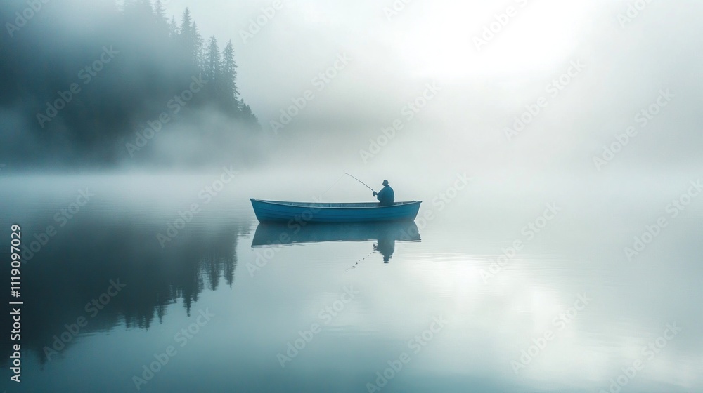 A small, blue fishing boat with a fisherman casting a line, floating on a calm lake surrounded by dense fog. A small, blue fishing boat with a fisherman casting a line, floating on a calm lake surrounded by dense fog.