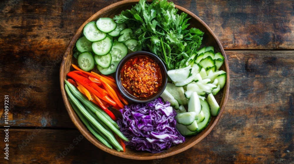 Fresh and Colorful Vegetable Platter with Dipping Sauce on Wood Fresh and Colorful Vegetable Platter with Dipping Sauce on Wood