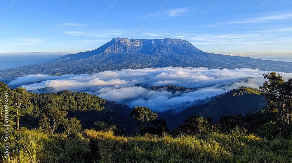 Majestic Mountain Rising Above Cloud Sea Forest Majestic Mountain Rising Above Cloud Sea Forest