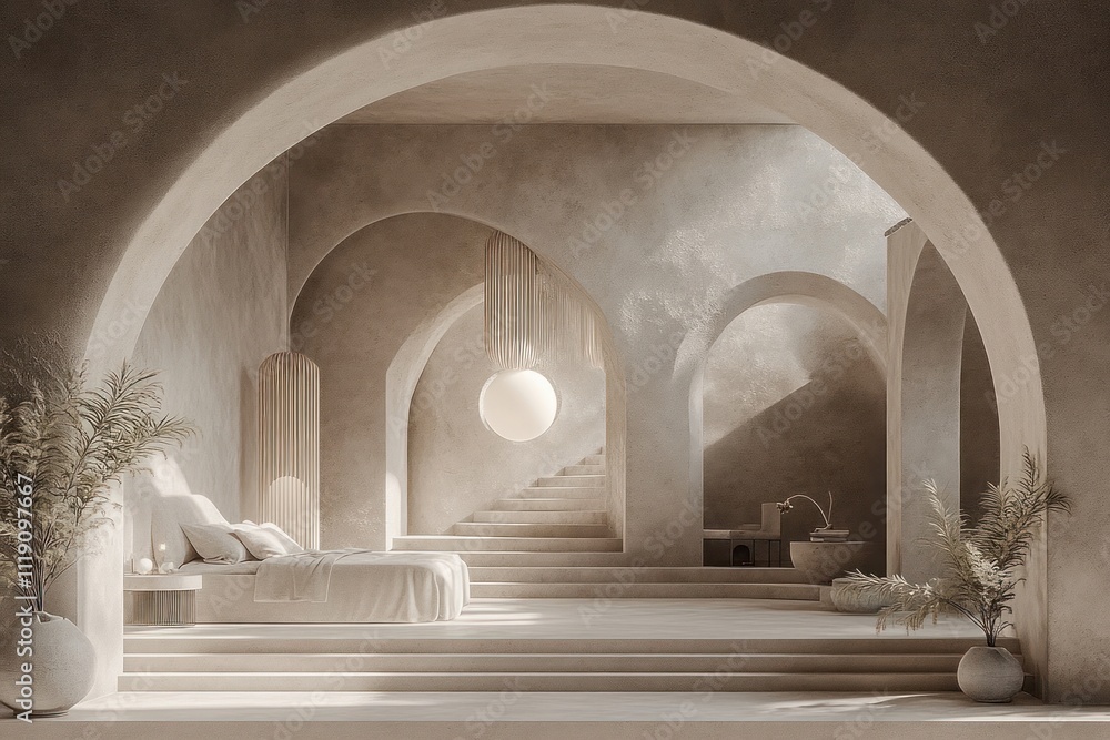 Fototapeta premium Minimalist Bedroom Design With Archways And Steps