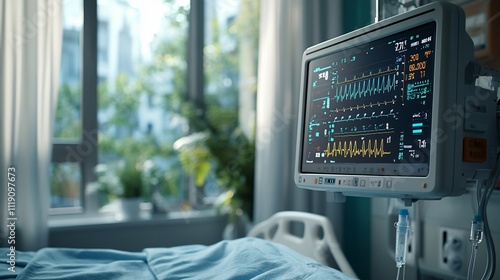 Wallpaper Mural Hospital room with medical monitor displaying vital signs, showing a bed near a window with a city view. Torontodigital.ca