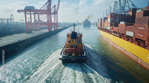 A small, powerful tugboat pulling a large container ship through a narrow harbor channel, with industrial cranes in the background.
